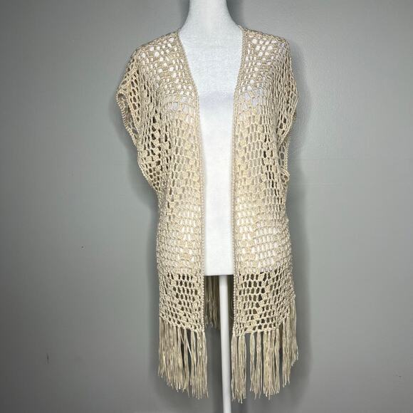 Women's Crochet Knit Cardigan Kimono Fringe Sz S/M Festival Cottage Western Boho - Picture 1 of 9